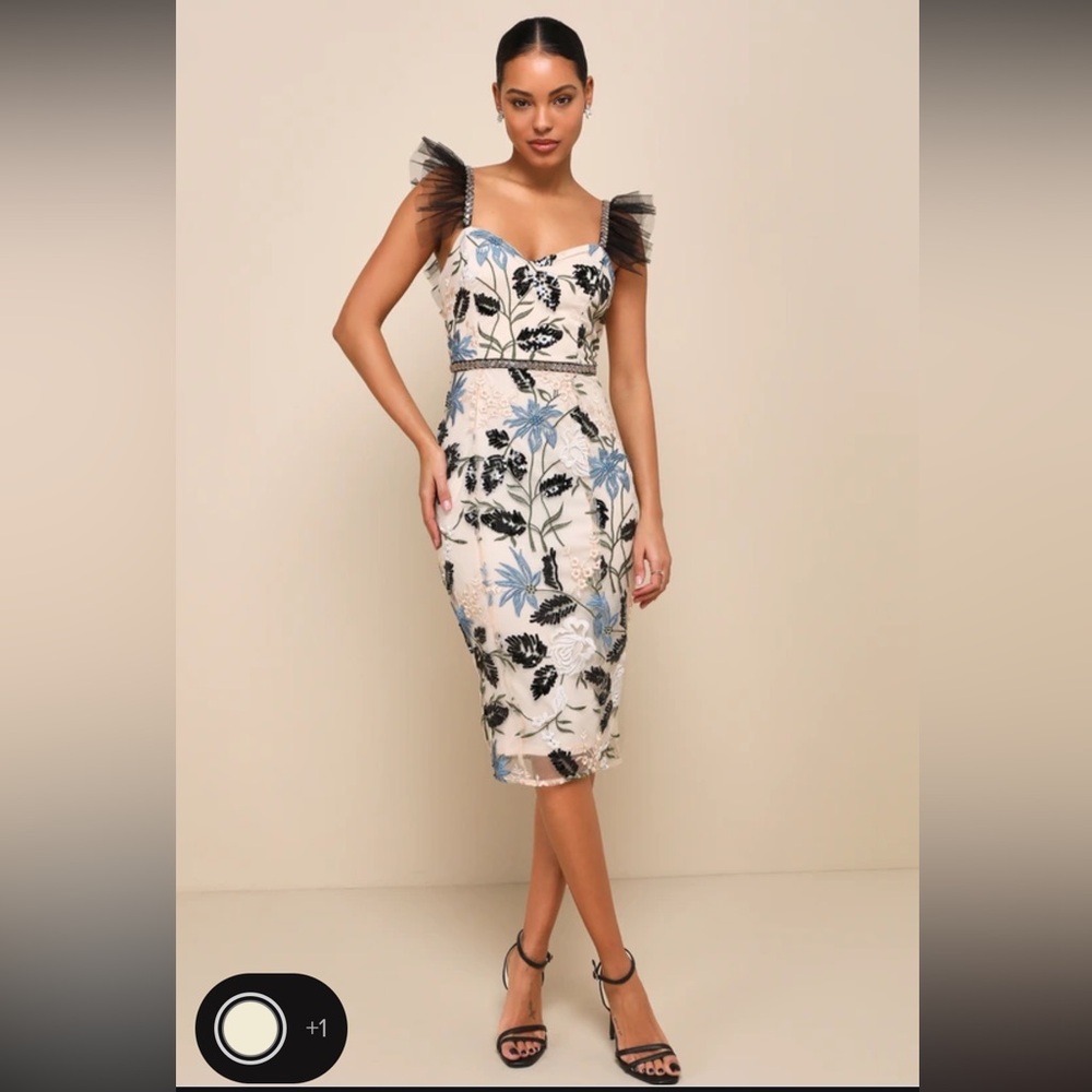 Lulus Show Stopper Cream Embroidered Sequin Bodycon Midi Dress